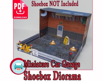 PaperCraft Miniature Car Garage Shoebox Diorama, Create your own Auto Repair Shop Display, Cut and Glue a Service Station Kit,Printable PDF