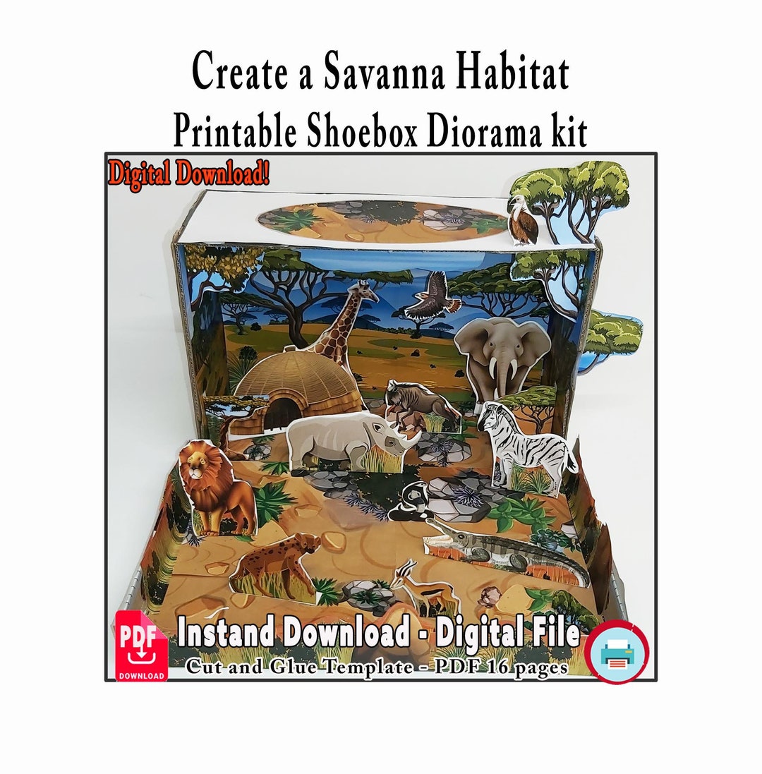Printable Shoebox Diorama Kit, Create a Savanna Habitat, Animals