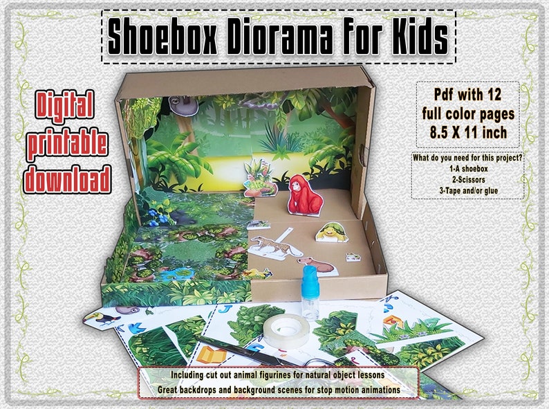 Printable template Paper toy rainforest LANDSCAPE SCENERY BACKGROUND page from DIORAMA in shoebox