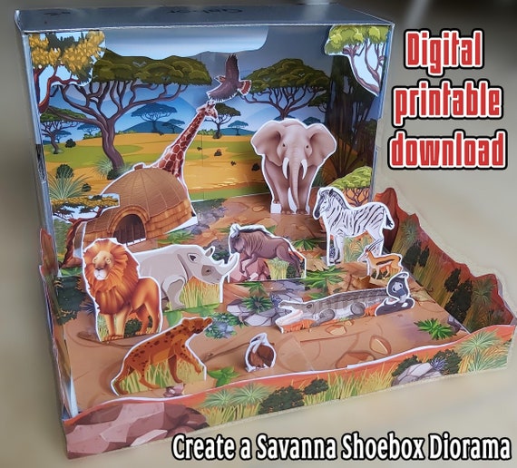 Printable Shoebox Diorama Kit, Create a Savanna Habitat, Animals