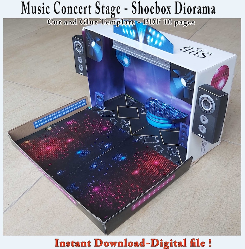 Music Concert Stage Shoebox Diorama, Create your own Theater, Cut and assembly Stage kit including miniature boxes, Printable PDF Podium