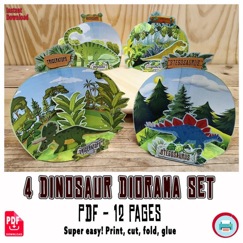 4 Dinosaur Diorama Set – 3D Paper Craft for Kids – Printable Dino ...