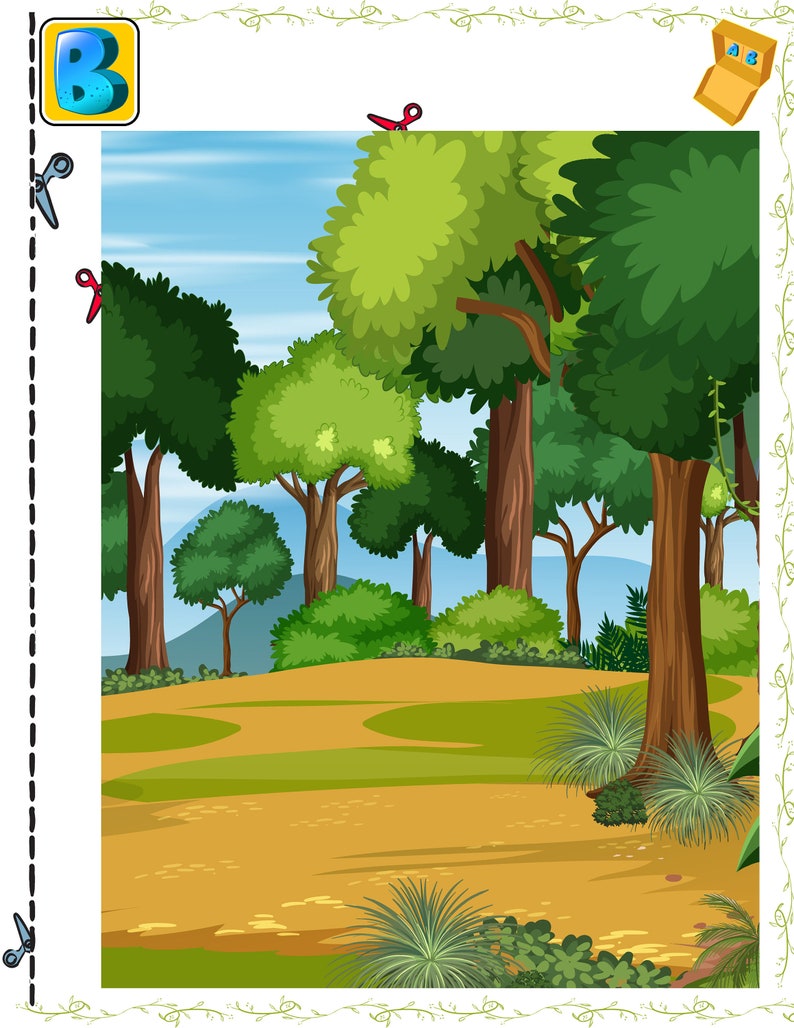 example page how to create a forest diorama in shoebox for children cut and paste school project homescholing rainy day project recycle old box a Printable paper theater Folding ,with Glue Scissors, Decorating Background Nature Habitats Ecosystem