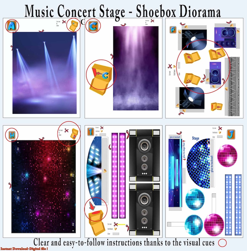 Music Concert Stage Shoebox Diorama, Create your own Theater, Cut and assembly Stage kit including miniature boxes, Printable PDF Podium