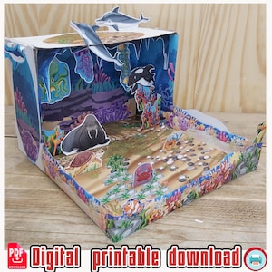 Progetto Diorama stampabile, ritaglia e incolla, scatola da scarpe, crea un habitat oceanico, teatro di bambole di carta, animazione stop motion, attività di artigianato di carta PDF