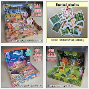 Diorama di scatola da scarpe stampabile, crea un habitat di savana, habitat oceanico, foresta e giungla, animali inclusi, lavoretti di carta per bambini, confezione da 4