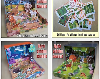 Printable Shoebox Diorama, Create a Savanna Habitat, Ocean Habitat, Forest and  Jungle, Animals included, Paper craft for kids, Bundle of 4