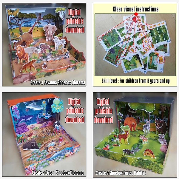 Druckbares Schuhkarton-Diorama, Erstellen Sie einen Savannen-Lebensraum, Ozean-Lebensraum, Wald und Dschungel, Tiere enthalten, Papierhandwerk für Kinder, Bündel von 4