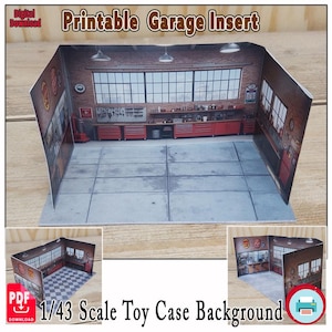 May include: A printable garage insert for a toy case. The design features a brick wall, large windows, and red tool chests. The text "Printable Garage Insert" and "1/43 Scale Toy Case Background" are visible.