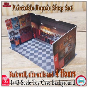 Puede incluir: Un juego de taller de reparación imprimible en miniatura con paredes traseras y laterales, y cuatro pisos. El juego presenta un suelo a cuadros, paredes de ladrillo y carteles de estilo vintage. El texto en el juego dice "Printable Repair Shop Set".