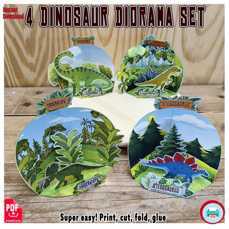 4 Dinosaur Diorama Set – 3D Paper Craft for Kids – Printable Dino ...
