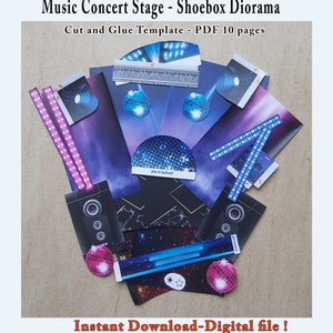 Music Concert Stage Shoebox Diorama, Create your own Theater, Cut and assembly Stage kit including miniature boxes, Printable PDF Podium