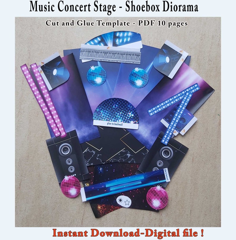 Music Concert Stage Shoebox Diorama, Create your own Theater, Cut and assembly Stage kit including miniature boxes, Printable PDF Podium