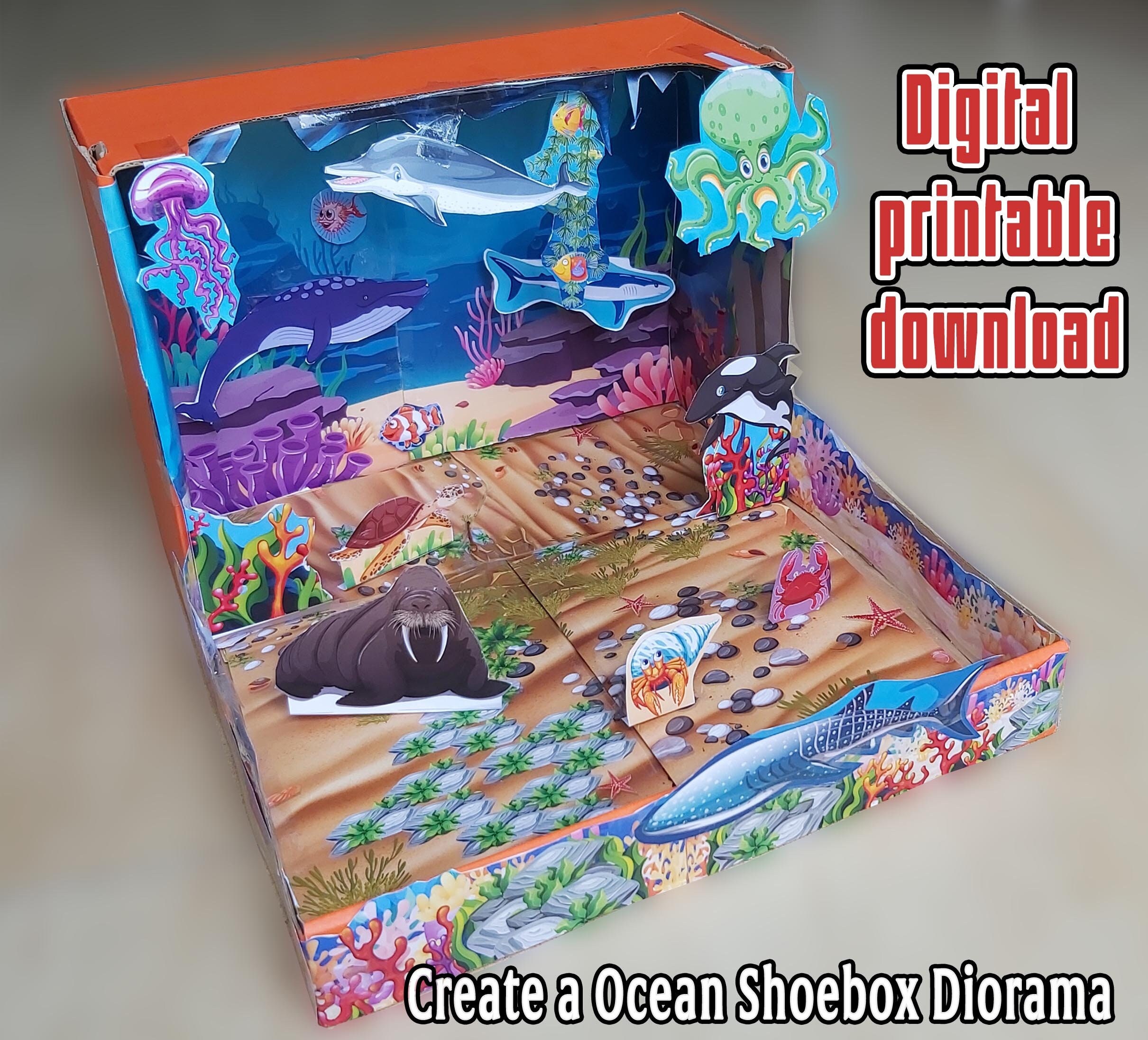 Printable Diorama Cut & Paste Shoebox Project, Create a Ocean Habitat,  Paper Doll Theater, Stop Motion Animation, Paper Craft Activity PDF 