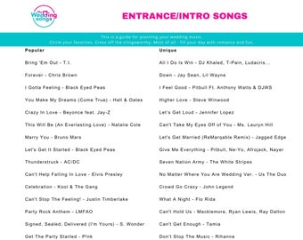 Wedding Entrance & Introduction Songs Printable PDF | Wedding Planning Music Ideas