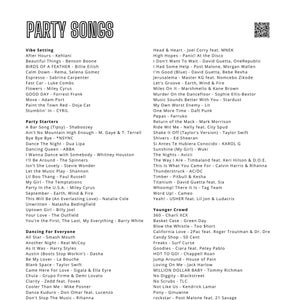 Può includere: Un elenco di canzoni popolari per feste, classificate per atmosfera e inizio festa. L'elenco include artisti e titoli di canzoni, con un codice QR nell'angolo in alto a destra.