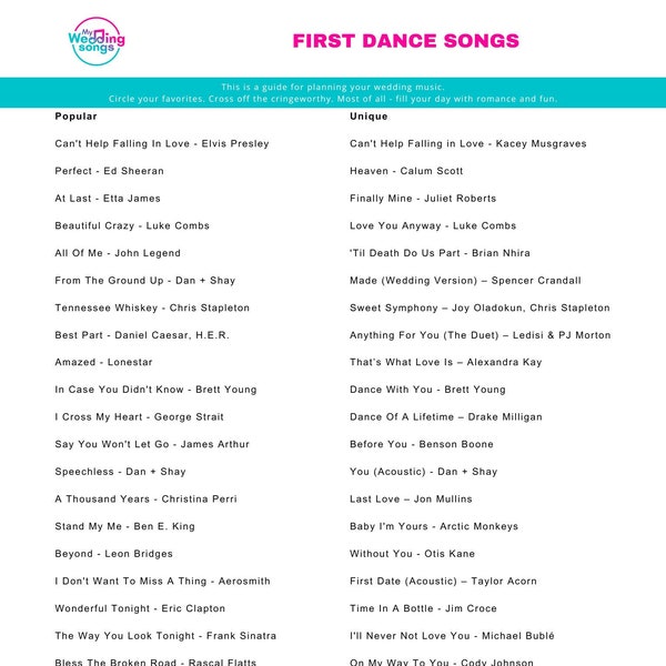 First Dance Wedding Songs Printable PDF | Wedding Planning Music Ideas