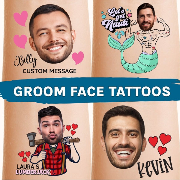 Bachelorette Tattoo, Custom Temporary Groom Face Tat with picture, Personalized Photo, Last Rodeo, Camp Bach, Simple Hearts Party Favor Gift