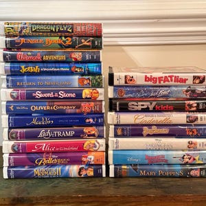 Puede incluir: Dos pilas de cintas VHS con varios títulos de películas, incluyendo DragonFlyz, The Jungle Book 2, Chipmunk Adventure, Jonah, Return to Never Land, The Sword in the Stone, Oliver & Company, Aladdin, Lady and the Tramp, Alice in Wonderland y Mary Poppins.