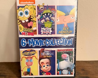 Op de afbeelding: Een Nickelodeon 6-Movie Collection dvd-set. De cover toont tekenfilmfiguren van SpongeBob SquarePants, Rugrats, Hey Arnold!, De Wild Thornberrys, Jimmy Neutron en Barnyard. De dvd-hoes is verzegeld in plastic.