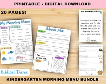 Peut inclure: Un lot de 20 menus du matin pour la maternelle imprimable sur le thème biblique. Le lot comprend un menu quotidien, un calendrier, un suivi du temps, une section pour les informations personnelles et une page de prière avec des activités de traçage. Les pages sont conçues dans un style coloré et ludique.