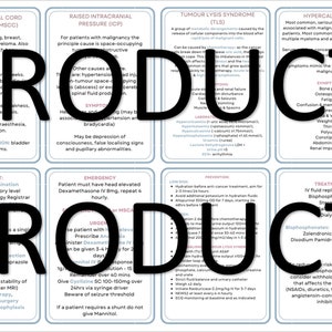 May include: A medical infographic with eight colorful cards, each describing a different medical condition. The conditions include malignant spinal cord compression, raised intracranial pressure, tumor lysis syndrome, hypercalcemia, assessment, emergency, prevention, and treatment. The cards contain information about symptoms, causes, treatments, and prevention strategies.