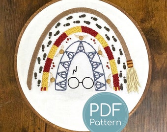 Embroidery Pattern, Wizard Themed Rainbow, house colors, rainbow embroidery, digital download pattern, witch themed rainbow, magic rainbow