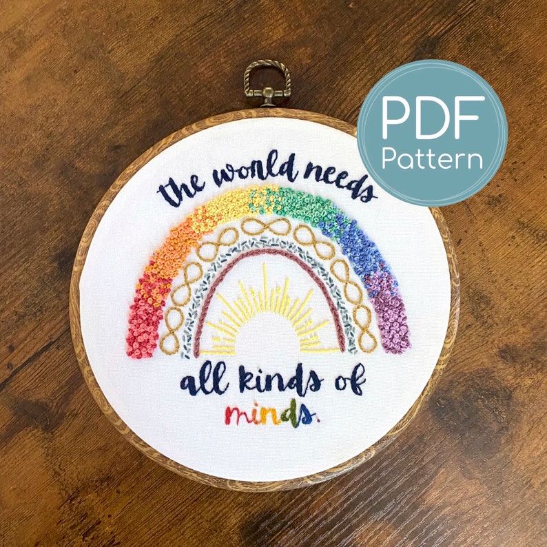 Embroidery Pattern, Autism Rainbow, Inclusion Rainbow, Teacher Rainbow, Special Eduction, Pride, Teacher Gift, Digital Download Pattern image 1