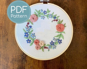 Embroidery Pattern, Floral Wreath, Floral Frame, Downloadable Digital Embroidery Pattern