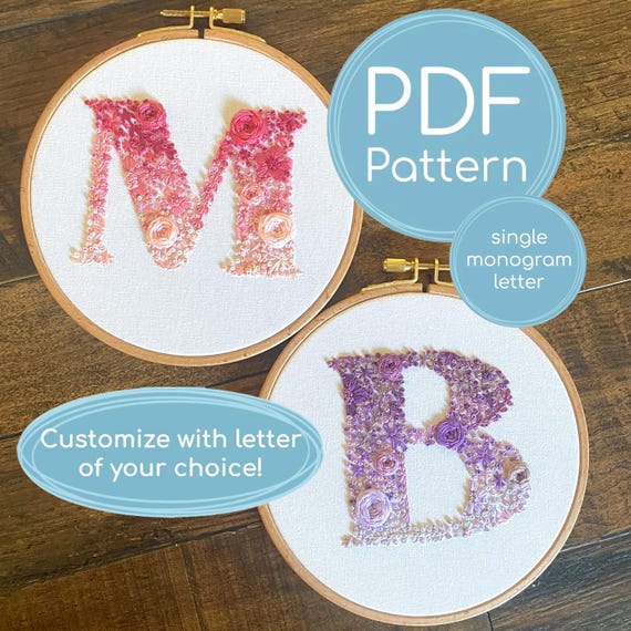 花柄モノグラム刺繍パターン、オンブレ文字（デジタルダウンロード 