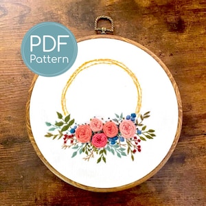 Embroidery Pattern, Floral Wreath, wedding embroidery, floral frame, text embroidery, digital download pattern