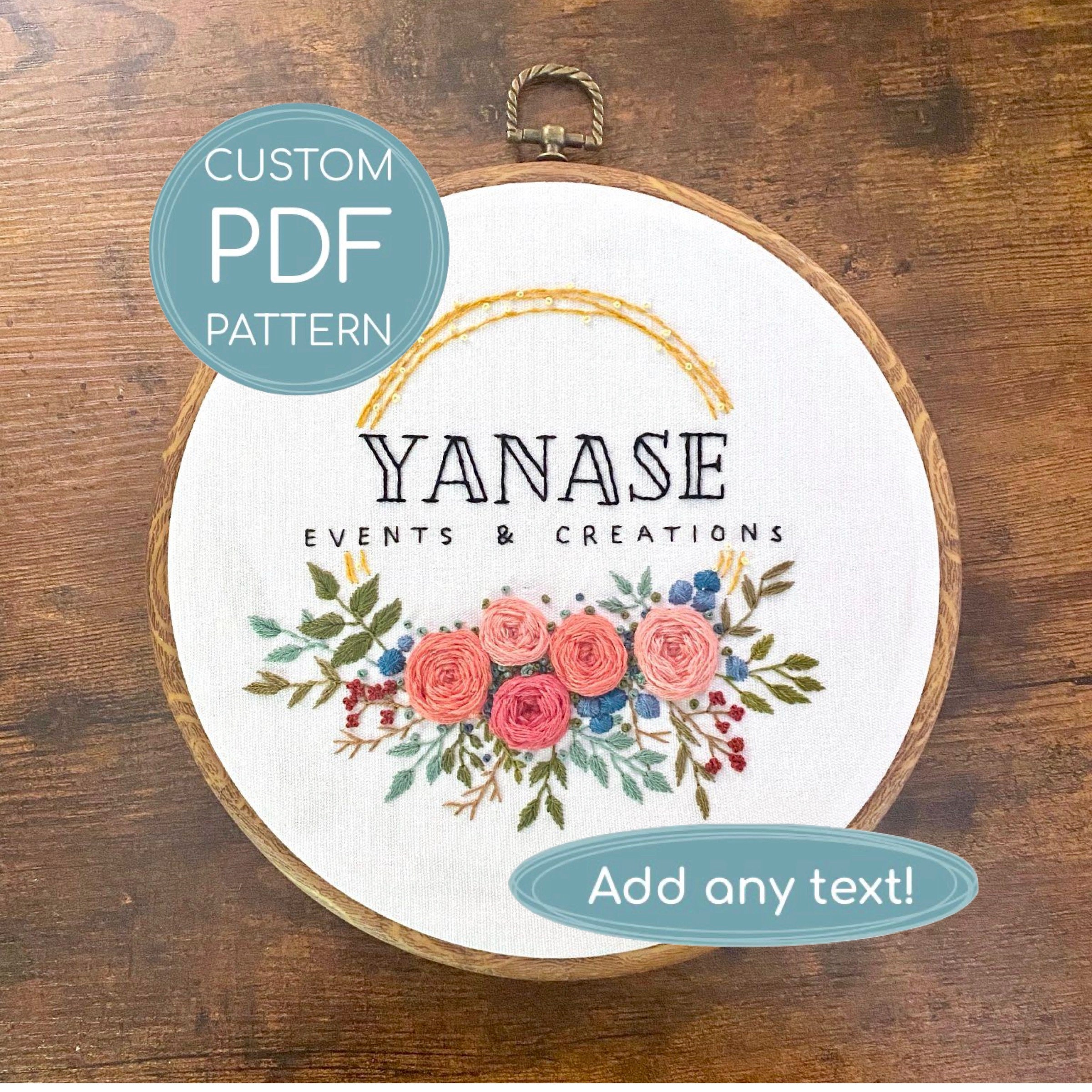 Custom Floral Wreath Embroidery Pattern, Personalized Text (PDF Pattern ...