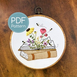 Embroidery Pattern, Books and Flowers, Bumblebees, Reading Magic, Book Lover, Reading Embroidery, Downloadable Digital Embroidery Pattern