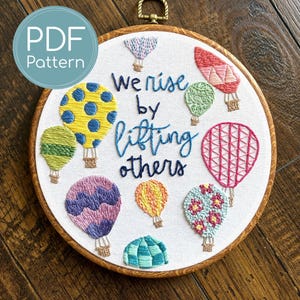 Patrón de bordado, garabato, cita inspiradora, globos aerostáticos, arcoíris (descarga digital)