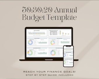 Annual & Monthly Personal Budget Savings Template - 50 30 20  Model - Save Money, Manage Your Finances