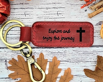 Bible Verse Keychain, Engraved Cross Keychain, Christian Gift, Scripture Keychain, Church Friend Gift, Personalized Leather Keychain