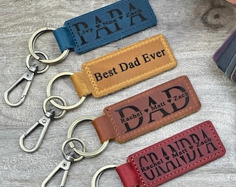 Papa-sleutelhanger | Gepersonaliseerde leren sleutelhanger voor papa en opa | Gegraveerd Vaderdagcadeau | Sleutelhanger met aangepaste kindernamen