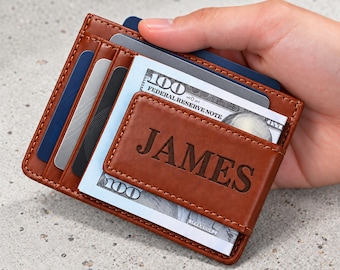 Personalized Leather Money Clip Wallet, Custom Engraved Mens Card Holder, RFID Blocking Slim Bifold