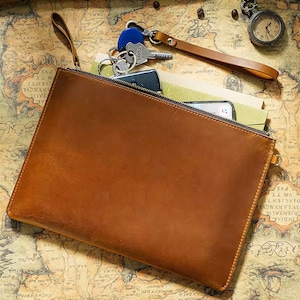 Carpeta de cuero genuino, estuche para documentos hecho a mano, funda para tableta con cremallera, elegante regalo de empresa.