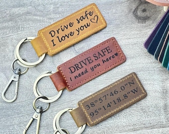 Personalized Coordinates Keychain, Custom Latitude Longitude Engraved Key Fob, Leather Anniversary Wedding Birthday Location Gift