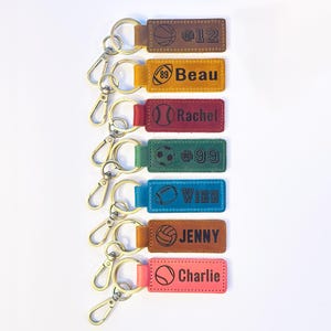 Sports Keychain • Engraved leather Key Chain Gift Team Logo Basketball Baseball Softball Tennis Soccer Volleyball Football Hockey Golf