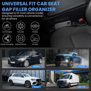 Op de afbeelding: Een zwarte organizer voor de vulling van de autostoel met de tekst "UNIVERSAL FIT CAR SEAT GAP FILLER ORGANIZER". De afbeelding toont de organizer ge&iuml;nstalleerd in een auto, met een telefoon in de opbergruimte. De afbeelding toont ook voorbeelden van sedans, vrachtwagens, SUV's en mini-vans.