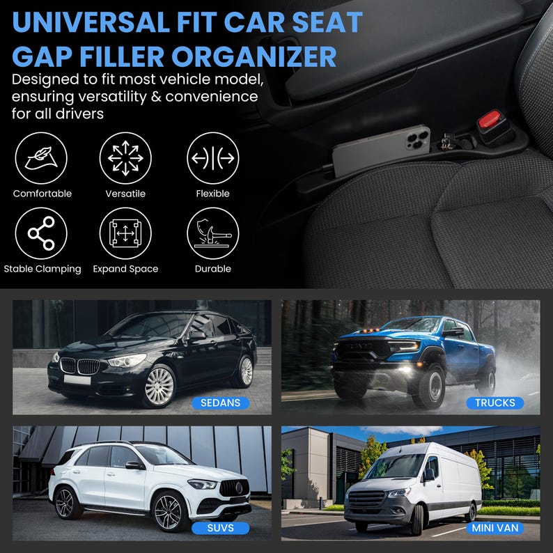 Op de afbeelding: Een zwarte organizer voor de vulling van de autostoel met de tekst "UNIVERSAL FIT CAR SEAT GAP FILLER ORGANIZER". De afbeelding toont de organizer ge&iuml;nstalleerd in een auto, met een telefoon in de opbergruimte. De afbeelding toont ook voorbeelden van sedans, vrachtwagens, SUV's en mini-vans.