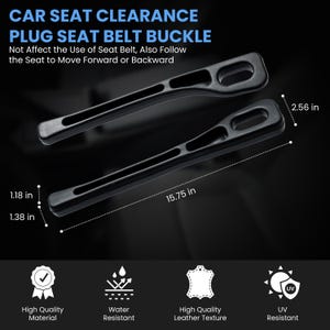Op de afbeelding: Twee zwarte autostoel-vrijgave plug-gordelgespen. De afbeelding toont de afmetingen: 40,01 cm lang, 6,5 cm breed, 3 cm dik en 3,5 cm dik. De tekst luidt "CAR SEAT CLEARANCE PLUG SEAT BELT BUCKLE".