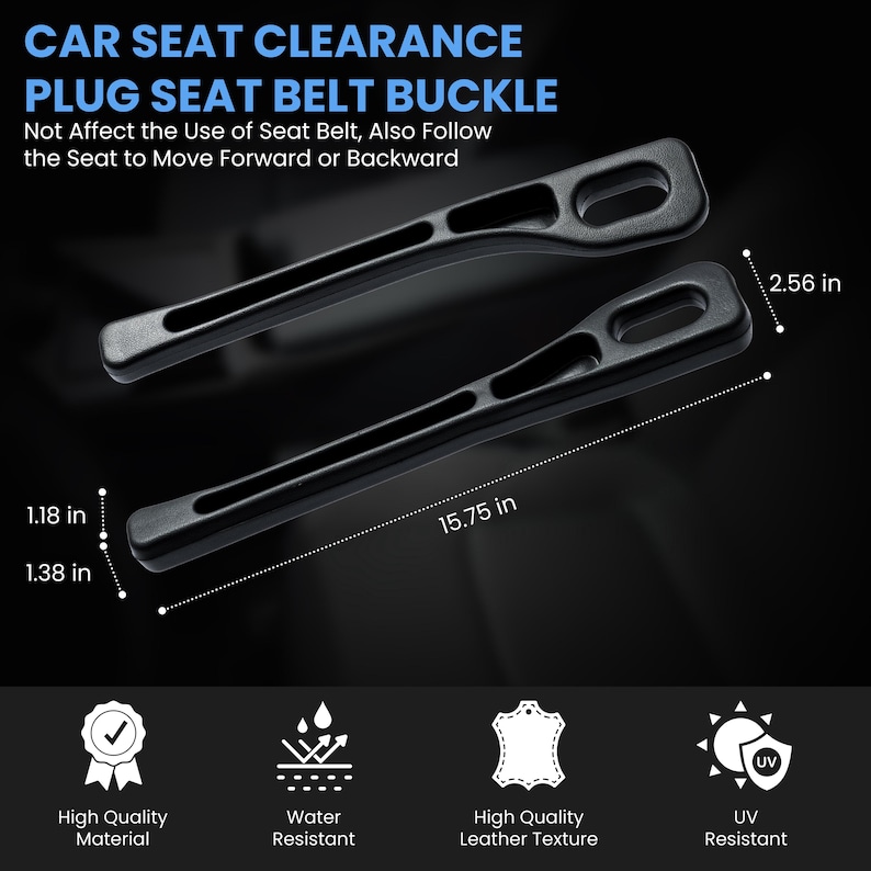 Op de afbeelding: Twee zwarte autostoel-vrijgave plug-gordelgespen. De afbeelding toont de afmetingen: 40,01 cm lang, 6,5 cm breed, 3 cm dik en 3,5 cm dik. De tekst luidt "CAR SEAT CLEARANCE PLUG SEAT BELT BUCKLE".