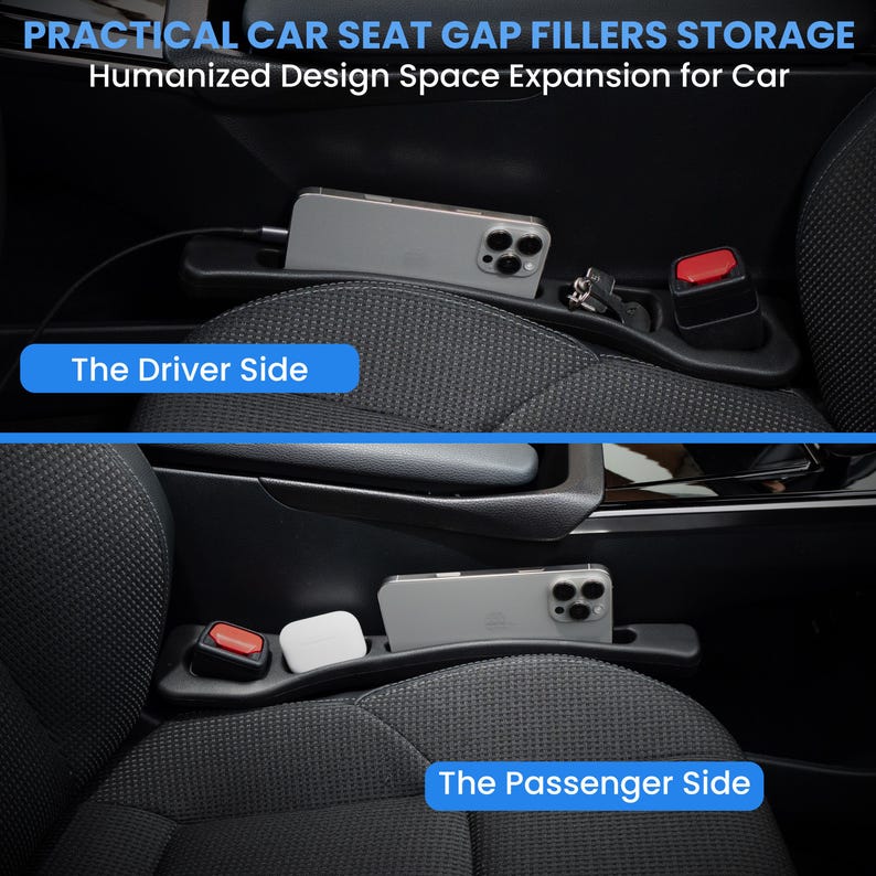 Op de afbeelding: Zwarte autostoel gap fillers met opbergruimte voor telefoons en andere kleine items. De tekst op de afbeelding luidt "PRACTICAL CAR SEAT GAP FILLERS STORAGE" en "Humanized Design Space Expansion for Car". De bestuurders- en passagierskant zijn gelabeld.