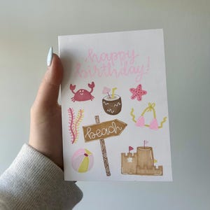 carte d'anniversaire de plage | Carte d'été faite main | Design rose ou neutre | Ambiance de vacances | Blanc à l'intérieur | Livraison gratuite à partir du Canada