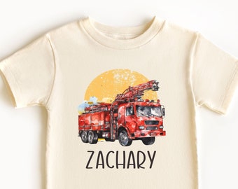 Personalized Toddler Name Shirt - Cute Fire Truck Shirt- Natural Shirt Birthday Gift For Toddlers