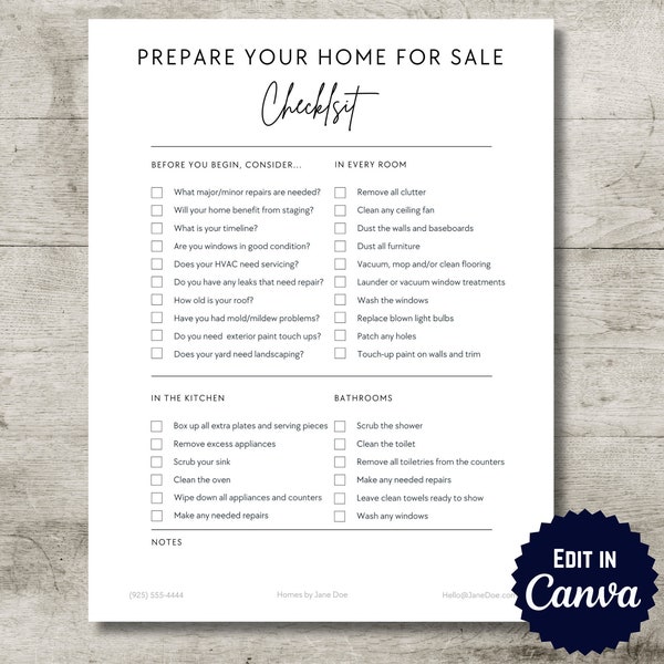 Real Estate Prepare for Sale Checklist, Home Selling Checklist, Seller Presentation, Seller Checklist for Realtors, Canva for Realtors