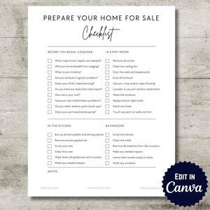 May include: A printable checklist for preparing a home for sale. The checklist includes tasks for both the inside and outside of the home, as well as for each room. The checklist is organized by category, with tasks listed in a check box format. The checklist is titled "Prepare Your Home for Sale Checklist".